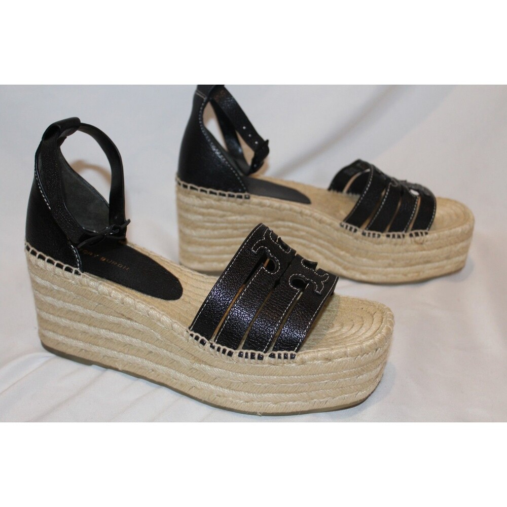 TORY BURCH WOMEN'S INES WEDGE ESPADRILLE SANDALS BLACK NEW SZ 8.5 $300
